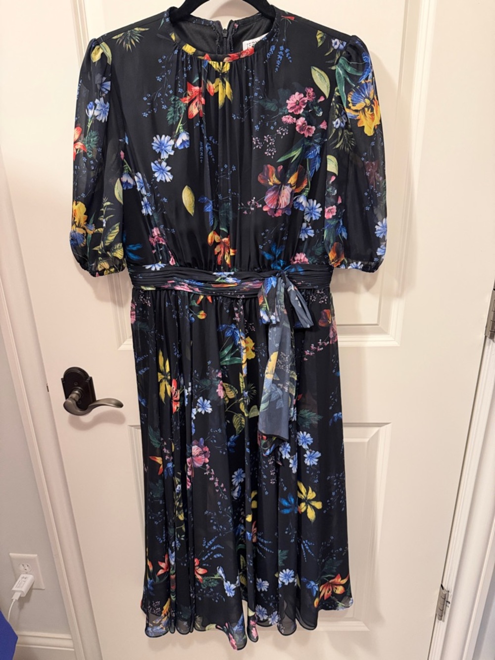 Black Floral Midi Dress with Tie Waist